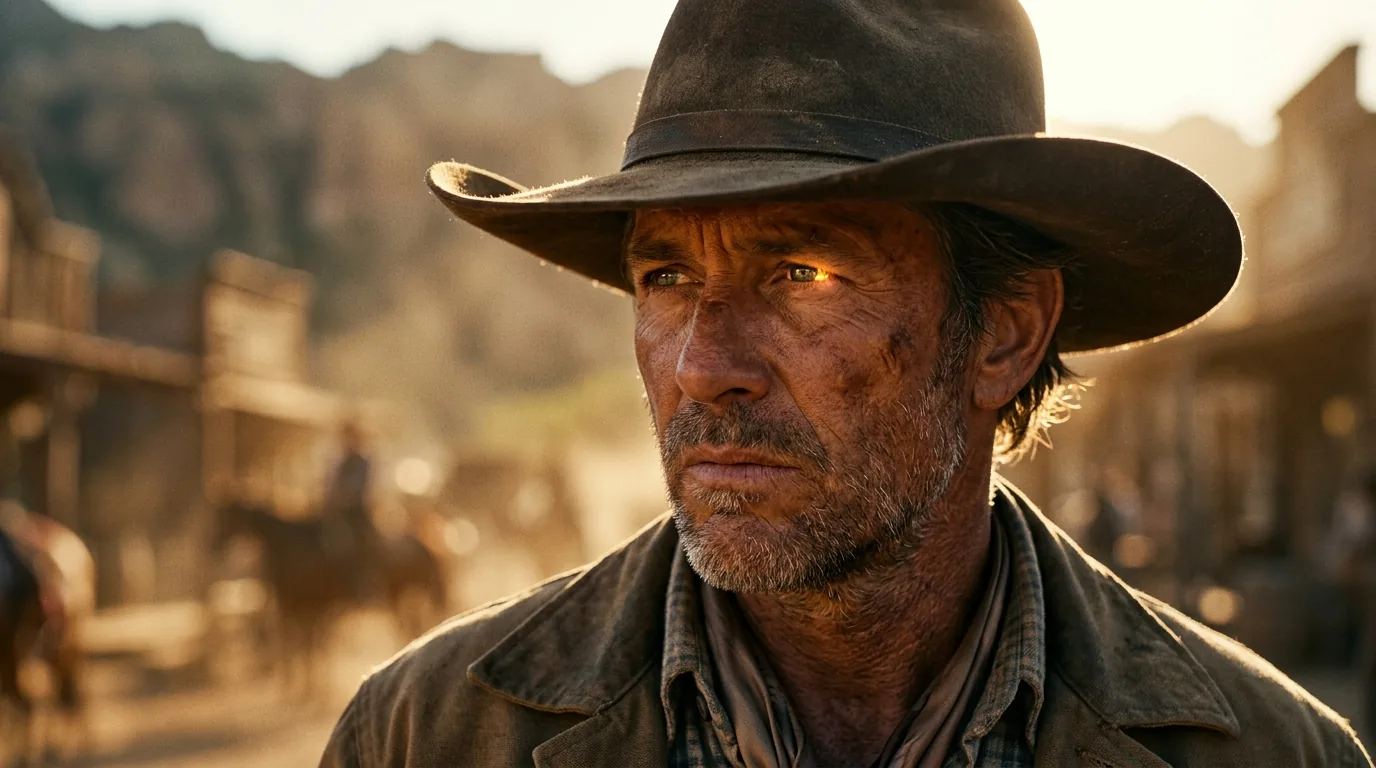 CU — gunfighter head and shoulders, eyes catching warm light