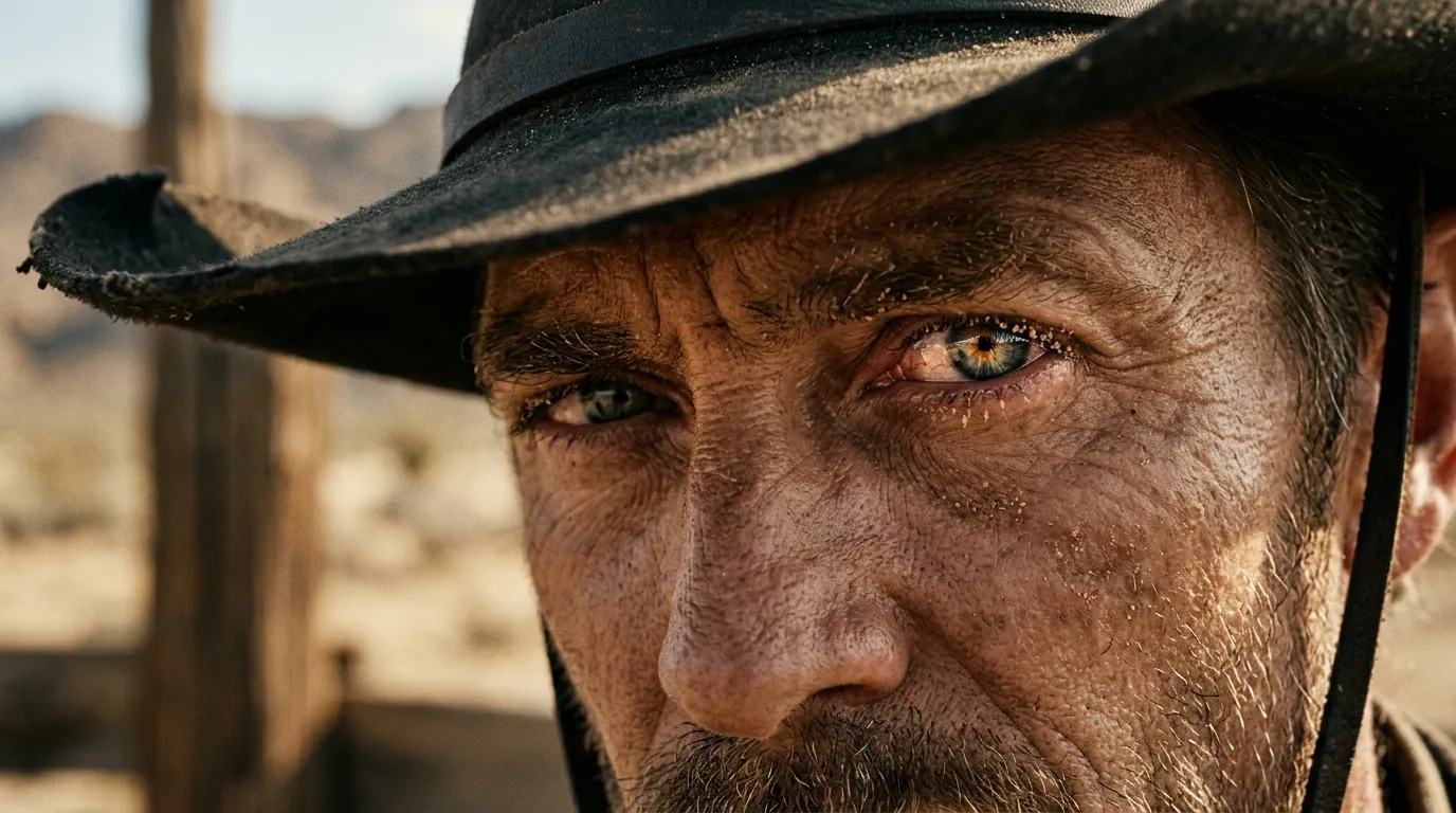 ECU — extreme close-up on gunfighter's eye with dust on lashes