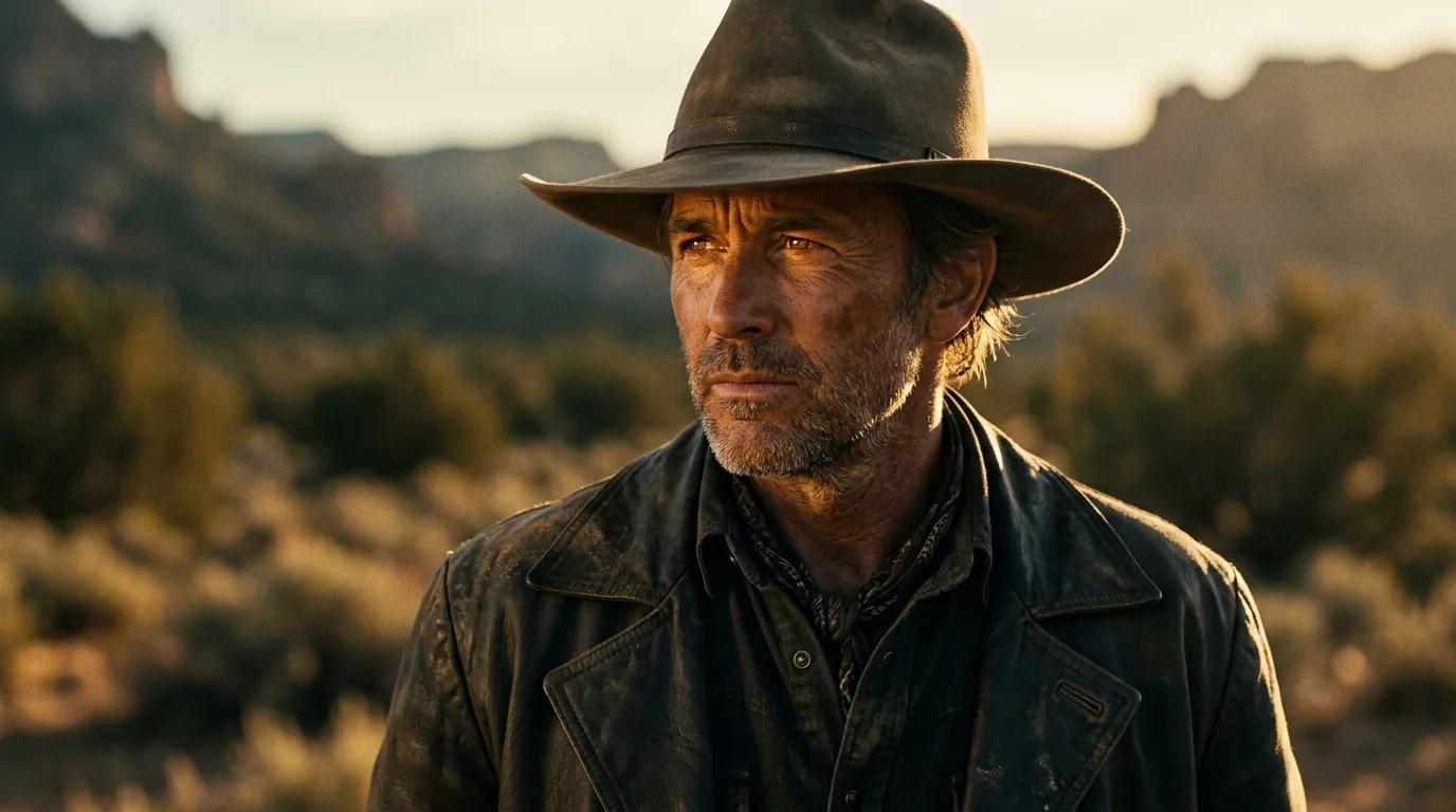 MCU — gunfighter chest-up, sun-creased eyes, shadowed face with rim light