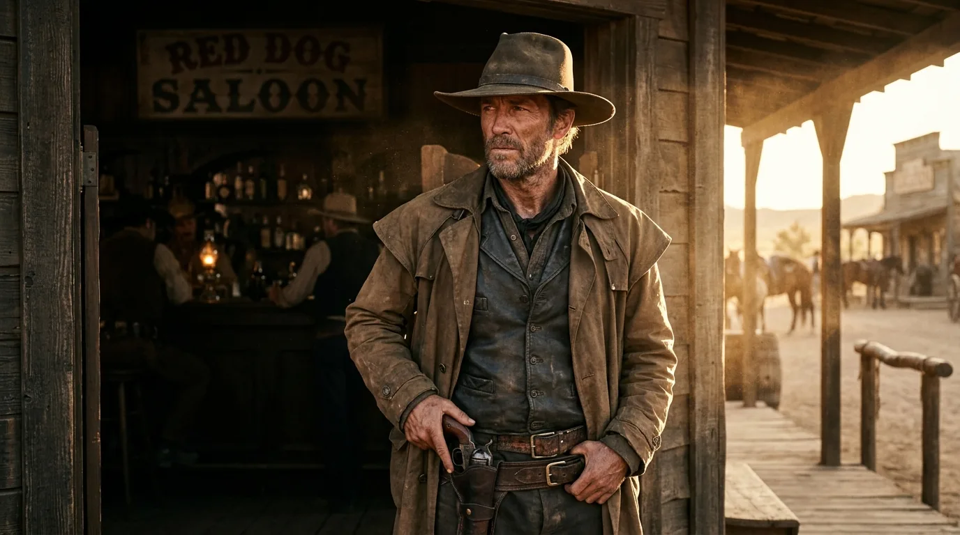 MS — gunfighter waist-up in saloon doorway, hand near holster, side rim light