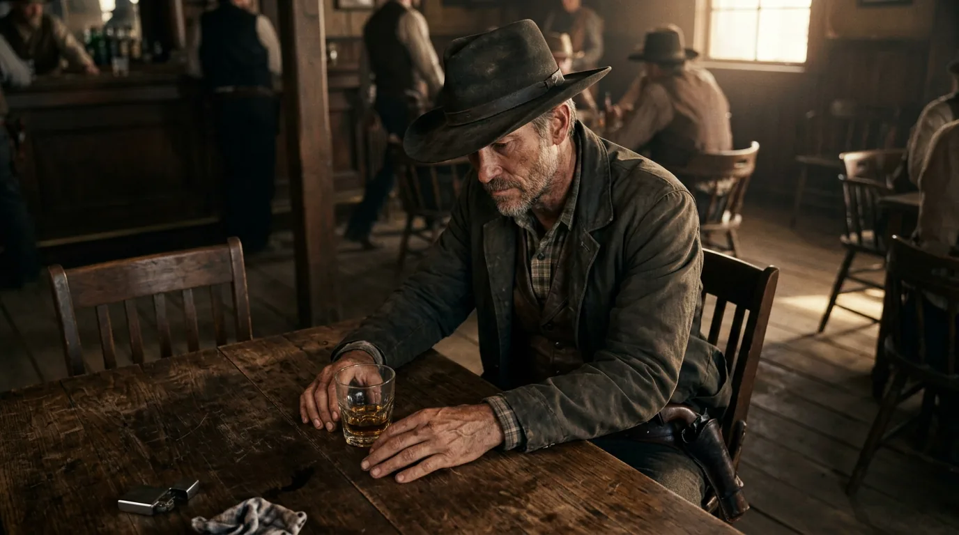 High angle — camera above subject looking down, gunfighter seated at table appears small