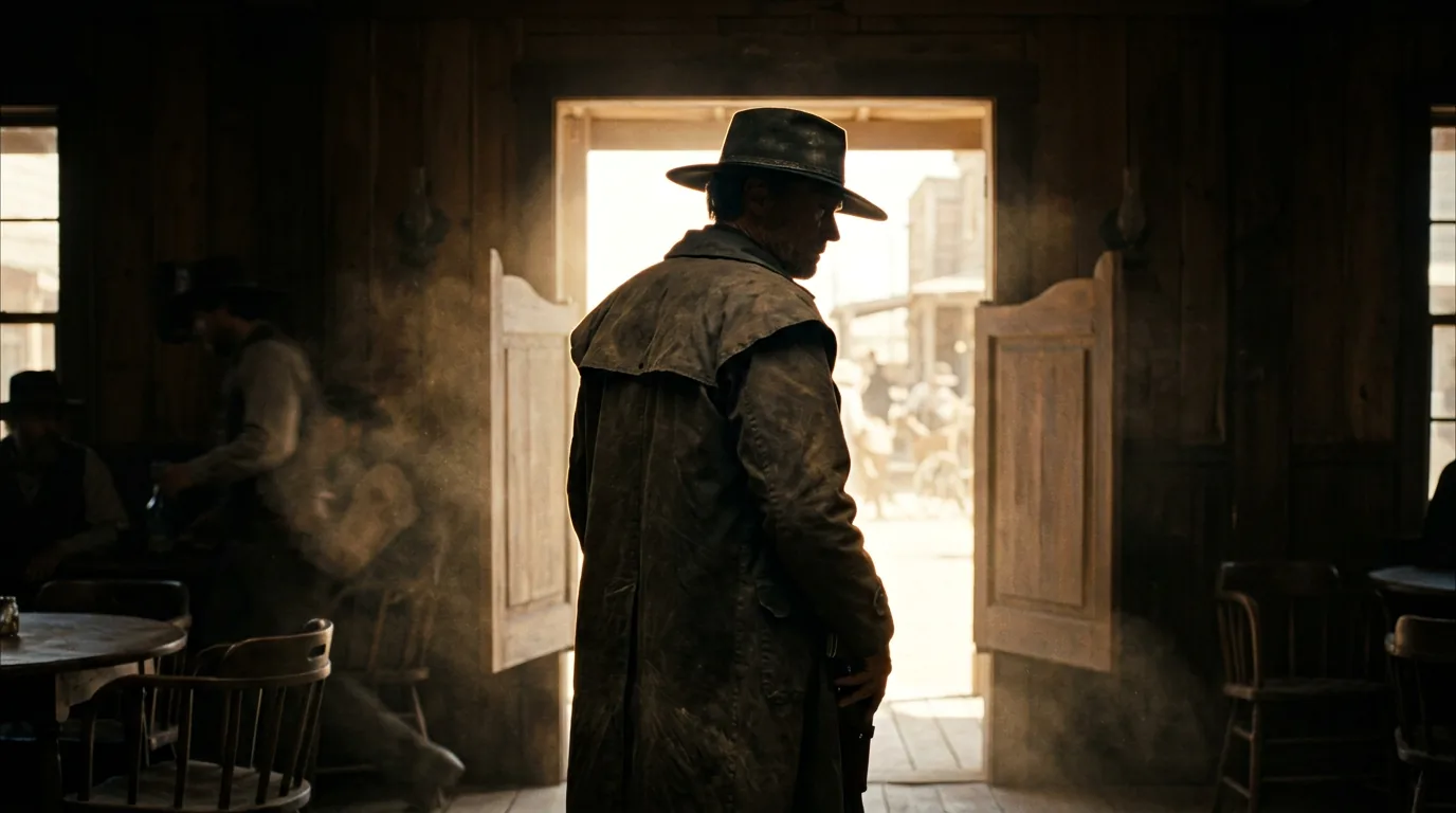 Backlight — gunfighter silhouetted against intense backlight, thin rim of warm light
