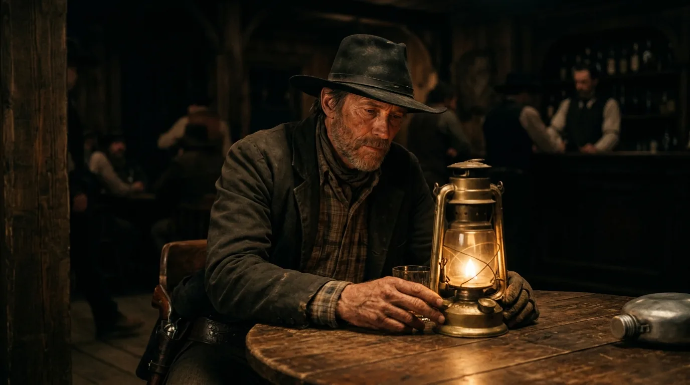 Practical light — kerosene lantern visible in frame, dominant warm light source, room dark